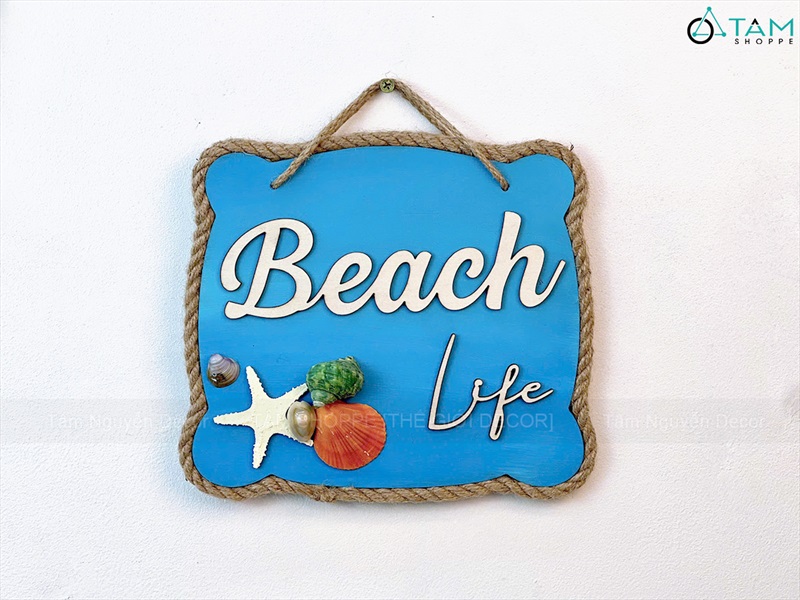 Bảng treo chủ đề biển Beach Life sao gỗ [Dây thừng - Vỏ ốc thật] KT24x22cm BTC-BIEN-04